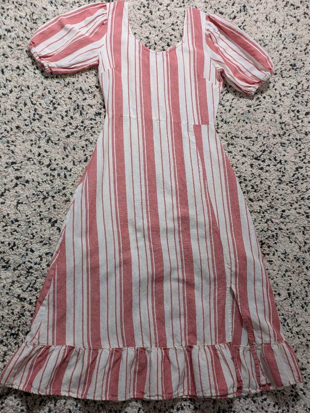 Böhme Size S coral Cream Striped Midi Dress Cotton Linen Puff Sleeve Smocked